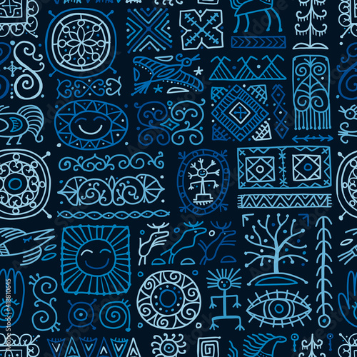 Ethnic handmade ornament, Folk Nordic Symbols. Seamless pattern for your design