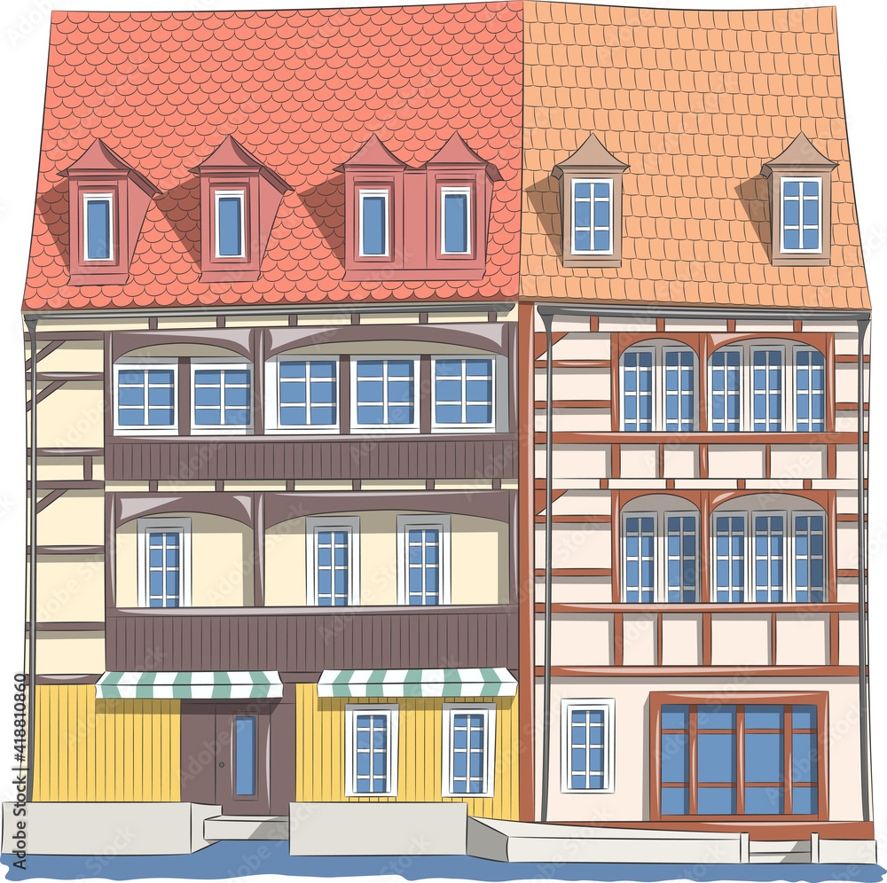 Facades of old houses above the canal in Bamberg.