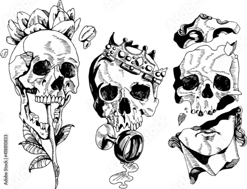Three hand drawn dark skulls