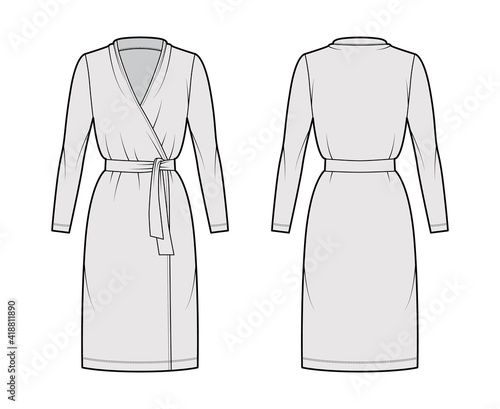 Wrap dress technical fashion illustration with deep V-neck, long sleeves, oversized, knee length, pencil cut, tie. Flat apparel template front, back, grey color style. Women, men unisex CAD mockup