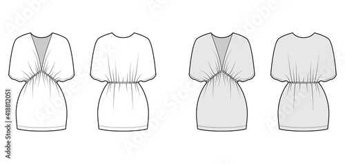 Kaftan dress technical fashion illustration with deep V-neck, batwing sleeves, oversized, mini length, pencil cut. Flat apparel template front, back, white, grey color style. Women, unisex CAD mockup