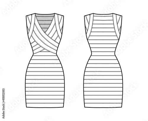 Bandage dress technical fashion illustration with V-neck, sleeveless, fitted body, elasticated, knee length, pencil cut. Flat apparel template front, back, white color style. Women unisex CAD mockup