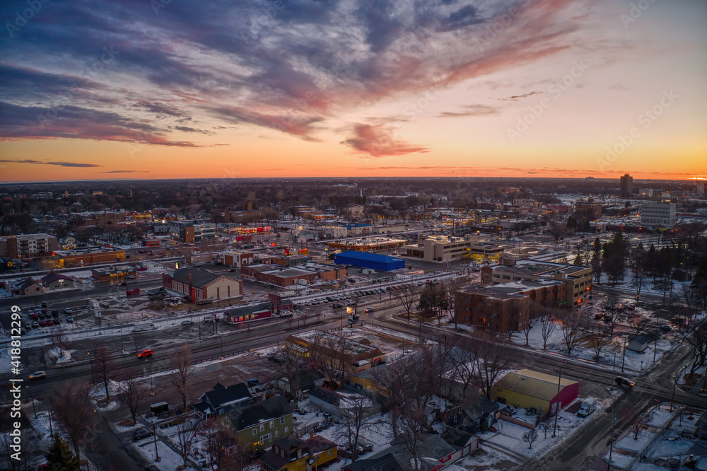 Aerial View of Downtown Moorhead, Minnesota at Dusk