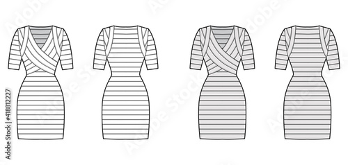 Bandage dress technical fashion illustration with V-neck, short sleeves, fitted body, knee length, pencil cut. Flat apparel template front, back, white, grey color style. Women, men unisex CAD mockup