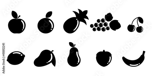 Set 10 fruits icon flat design black and white