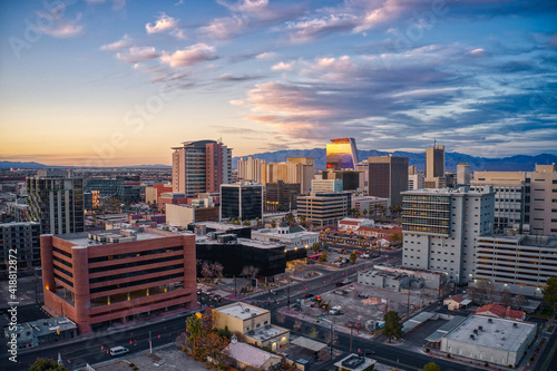 Aerial View of Downtown Vegas at Dusk