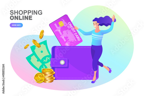 young woman holding plastic card and girl with coin. Salary, credit balance and budget concept. Successful Business People Put Money in Huge Purse. Cartoon Vector Illustration