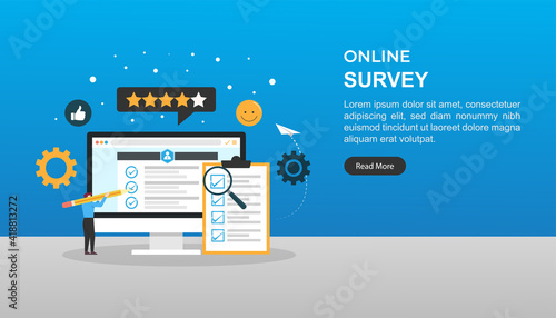 online survey concept. questionnaire that the target audience to create as Web forms with a database to store the answers and statistical software to provide analytics. landing page illustration