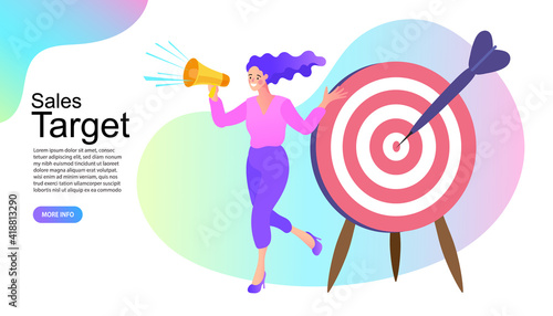 Sales target concept. woman holding a megaphone. influencer marketing concept - blogger promotion services and goods for her followers online. Vector illustration in flat simple style.