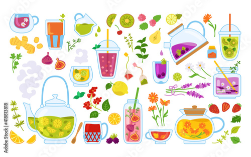 Cup of tea and cocktails cartoon set. Tea time mug teapot and herbs, fruits, ingredients for drinks. Summer hand drawn flowers, berries for poster, menu. Flat design colored trendy vector illustration