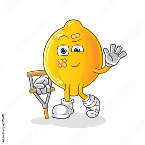 lemon sick with limping stick character. cartoon mascot vector