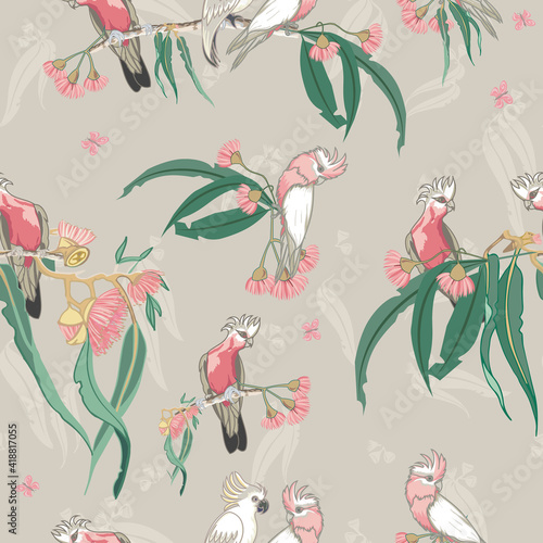 Australian native cockatoos and Galah birds seamless pattern. Vector illustration