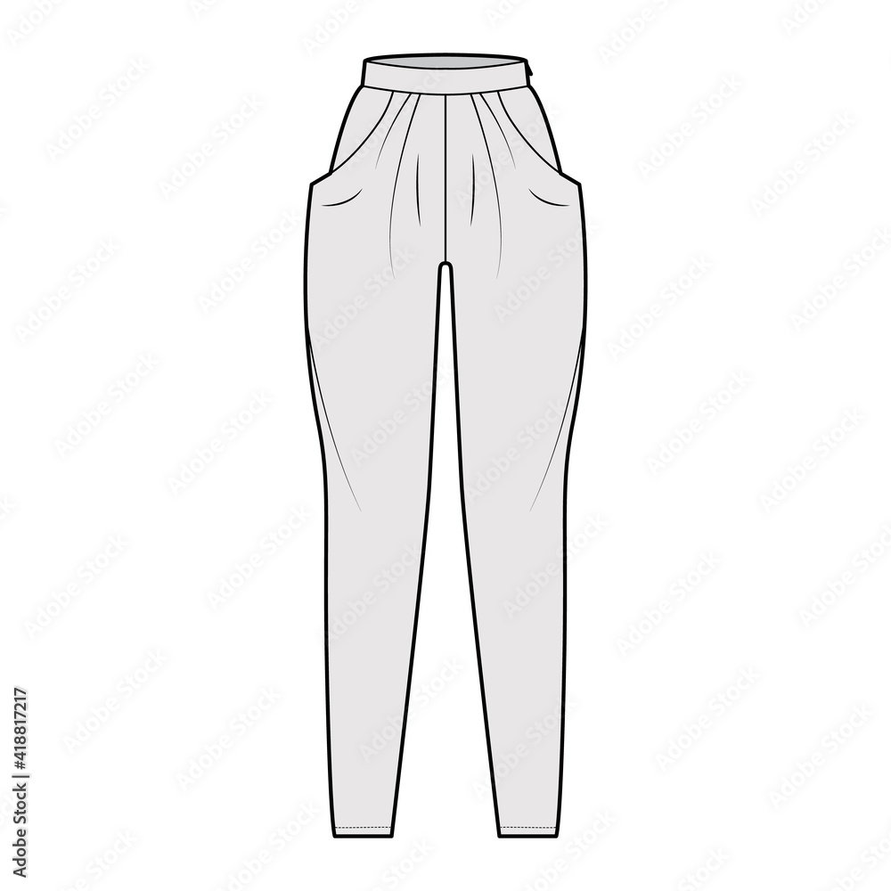 Harem pants technical fashion illustration with normal waist, high rise, slash pockets, draping front, full lengths. Flat bottom apparel template, grey color style. Women, men, unisex CAD mockup Harem pants technical fashion illustration with normal waist, high rise, slash pockets, draping front, full lengths. Flat bottom apparel template, grey color style. Women, men, unisex CAD mockup