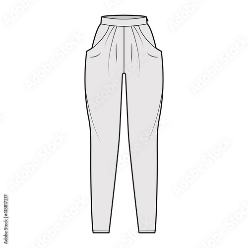 Harem pants technical fashion illustration with normal waist, high rise, slash pockets, draping front, full lengths. Flat bottom apparel template, grey color style. Women, men, unisex CAD mockup