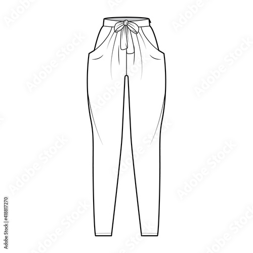 Harem pants technical fashion illustration with bow, normal waist, high rise, slash pockets, draping front, full lengths. Flat bottom apparel template, white color style. Women, men, unisex CAD mockup