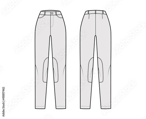 Jeans Kentucky Jodhpurs Denim pants technical fashion illustration with normal waist, high rise, pockets, belt loops. Flat bottom apparel template front back grey color. Women, men, unisex CAD mockup