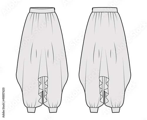 Pants sarouel technical fashion illustration with normal draped waist, high rise, pleats, wide legs, full length. Flat bottom trousers apparel front, back, grey color. Women, men, unisex CAD mockup