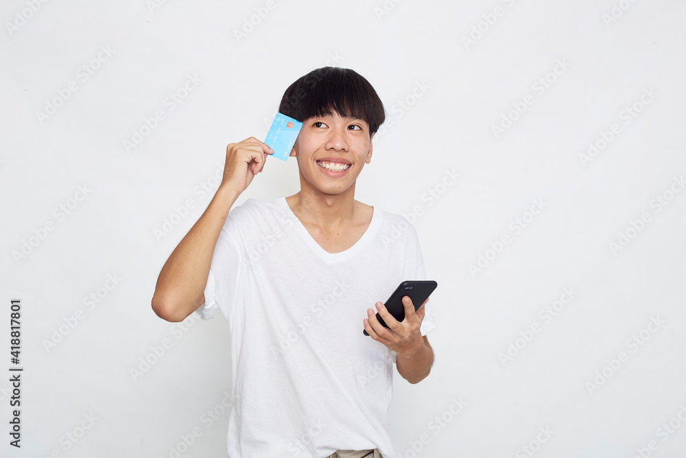 man Holding a card with a phone man Holding a card with a phone