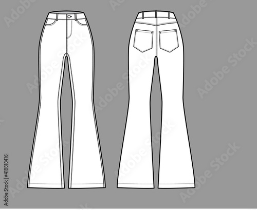 Jeans flared bottom Denim pants technical fashion illustration with full length, normal waist, high rise, Rivets. Flat bottom apparel template front back white color style. Women men unisex CAD mockup