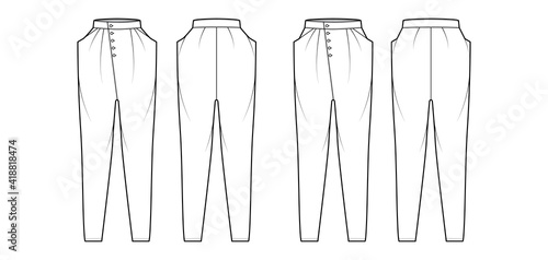 Set of Tapered Baggy pants technical fashion illustration with low normal waist, high rise, slash pockets, draping front. Flat apparel template back, white color style. Women, men, unisex CAD mockup