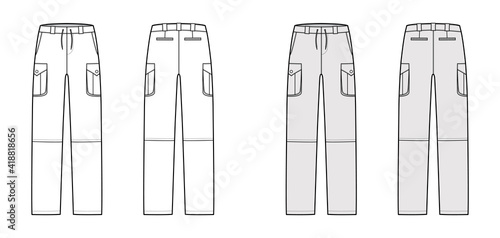 Zip-off convertible pants technical fashion illustration with low waist, high rise, box pleated cargo jetted pockets, belt loops. Flat template front back, white grey color style. Women men CAD mockup