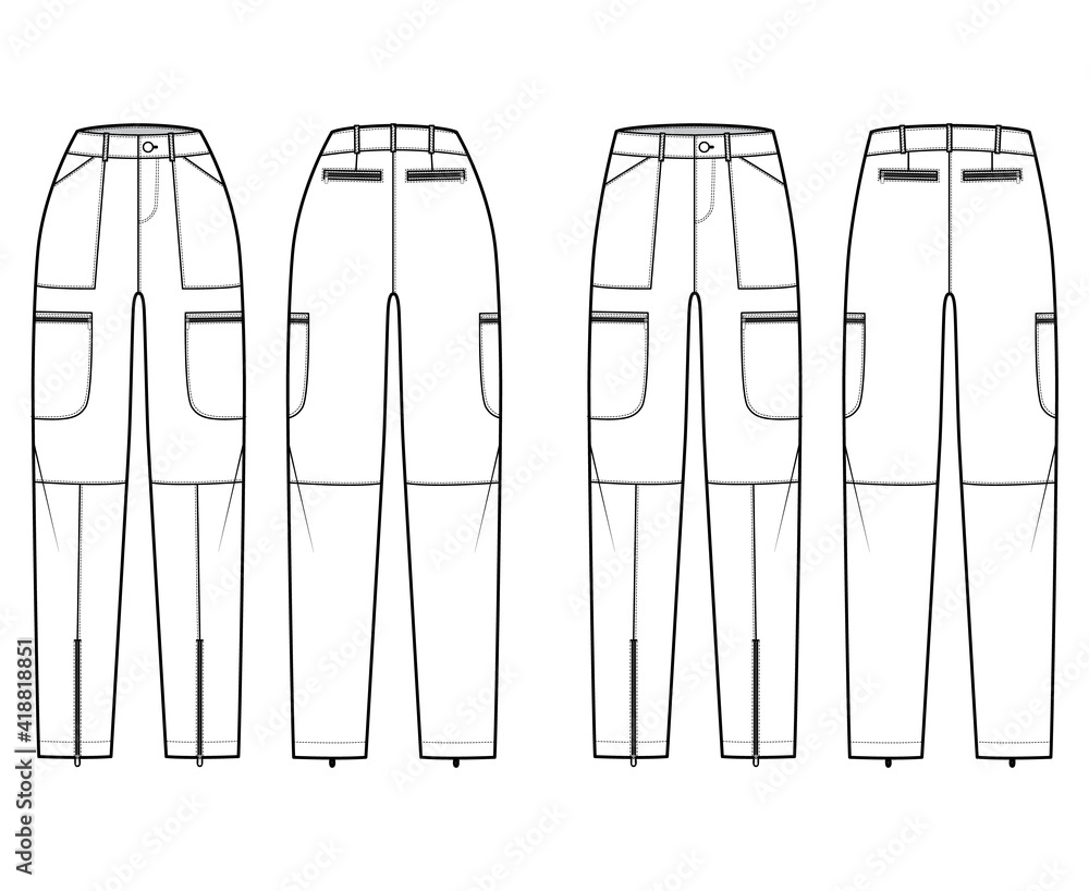 Set of Parachute pants technical fashion illustration with normal low