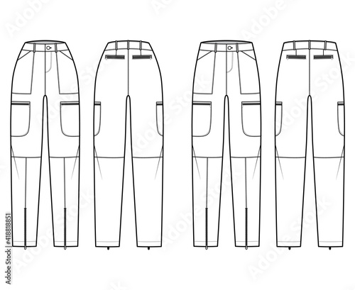 Set of Parachute pants technical fashion illustration with normal low waist, high rise, pockets, belt loops, full lengths. Flat bottom template front back, white color style. Women, unisex CAD mockup