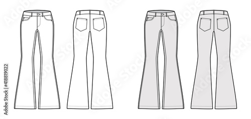 Jeans flared bottom Denim pants technical fashion illustration with full length, low waist, rise, 5 pockets. Flat bottom apparel template front back, white, grey color. Women, men, unisex CAD mockup