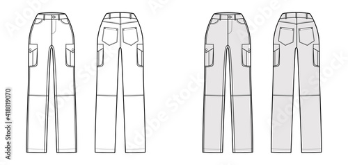 Set of Jeans cargo Denim pants technical fashion illustration with normal waist, high rise, pockets, belt loops, full lengths. Flat bottom front back, white, grey color style. Women, men CAD mockup