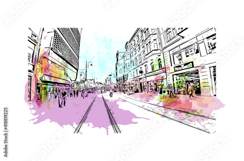 Building view with landmark of Katowice is the 
city in Poland. Watercolour s...