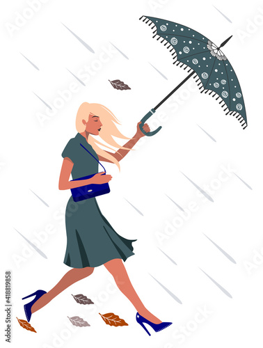 A beautiful woman in a dress and high heels, running under the rain in the wind with a fancy umbrella; illustration in a flat style isolated on a white background 