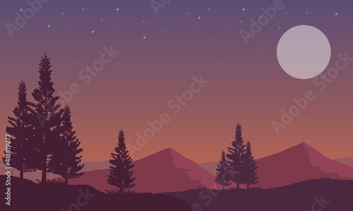 Incredible natural scenery at night with a starry sky. Vector illustration