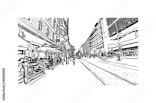 Building view with landmark of Katowice is the 
city in Poland. Hand drawn sketch illustration in vector.