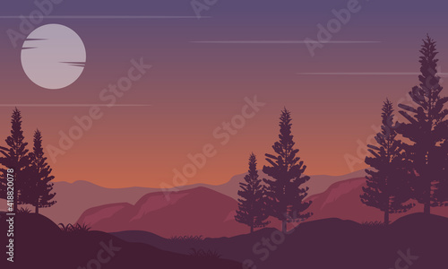 Stunning silhouette of cypress trees under the beautiful twilight sky. Vector illustration