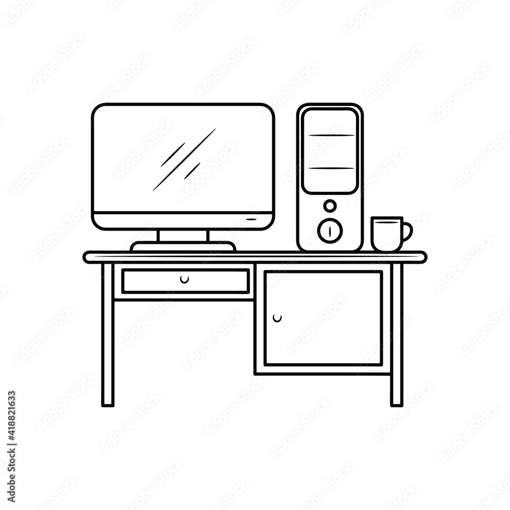 Desktop computer on the table vector illustration, simple hand drawn Line Icon Desktop computer on the table vector illustration, simple hand drawn Line Icon