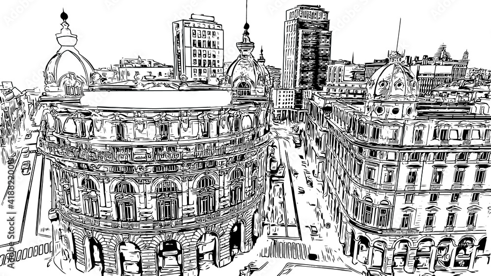 Building view with landmark of Genoa is the
city in Italy. Hand drawn sketch illustration in vector.