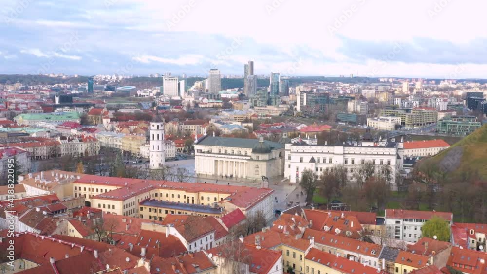 Vilnius old town aerial panorama of city and the Christmas Tree being assembled in Cathedral Square. Vilnius old town aerial panorama of city and the Christmas Tree being assembled in Cathedral Square.
