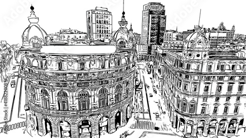 Building view with landmark of Genoa is the 
city in Italy. Hand drawn sketch illustration in vector.