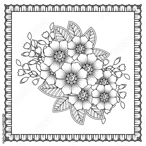 Mehndi flower for henna, mehndi, tattoo, decoration. decorative ornament in ethnic oriental style. doodle ornament. outline hand draw illustration. coloring book page.