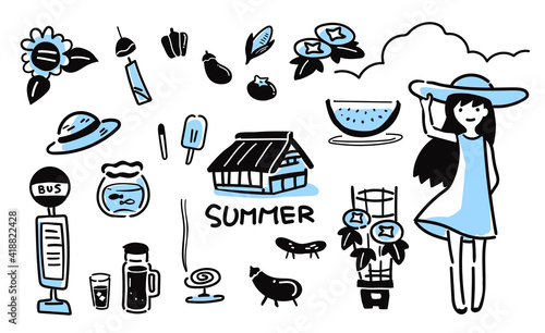 懐かしい田舎の夏のシンプルイラストセット