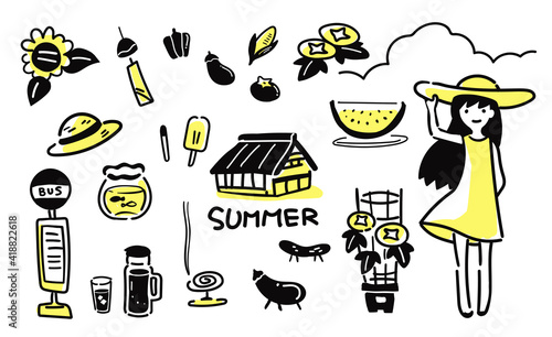 懐かしい田舎の夏のシンプルイラストセット