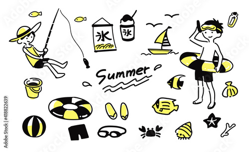海や川の夏のシンプルイラストセット