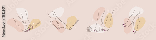 Pedicured female feet. Foot care concept. Linear vector Illustration of elegant woman legs in a trendy minimalist style. Beauty logo for nail studio, beauty center or spa salon.