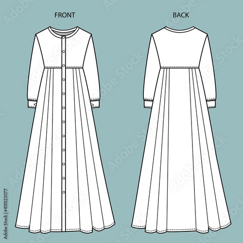 dress front and back view. Islamic dress fashion flat sketch template.  