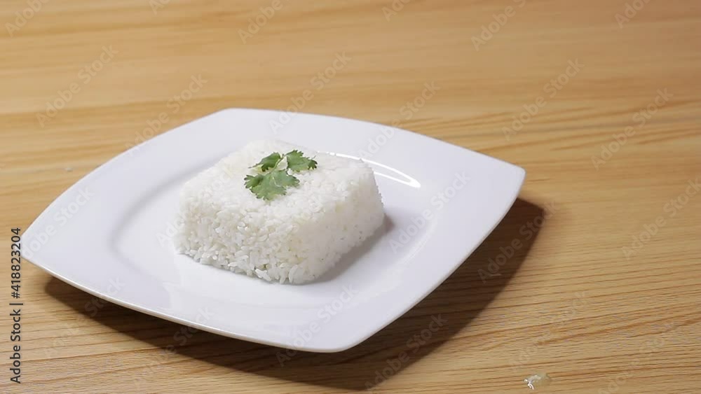 white rice dish decorated with grass on top, healthy food, cooking at home white rice dish decorated with grass on top, healthy food, cooking at home