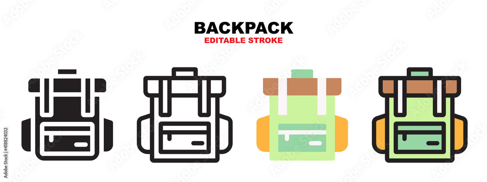 Backpack icon set with different styles. Editable stroke and can be used for web, mobile, ui and more. Backpack icon set with different styles. Editable stroke and can be used for web, mobile, ui and more.