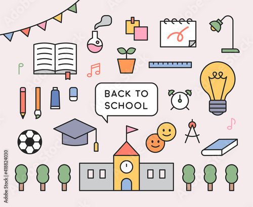 School icon collection. School supplies, books, and buildings objects. flat design style minimal vector illustration.