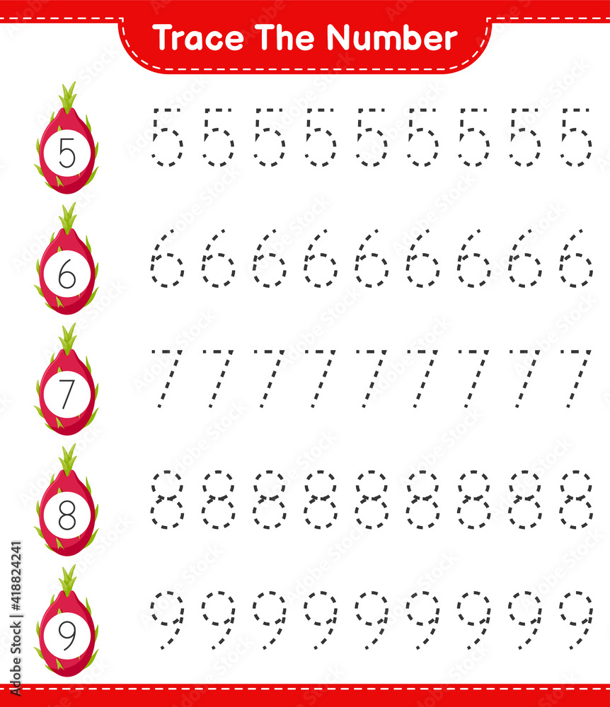 Trace the number. Tracing number with Dragon Fruit. Educational children  game, printable worksheet, vector illustration Stock Vector | Adobe Stock