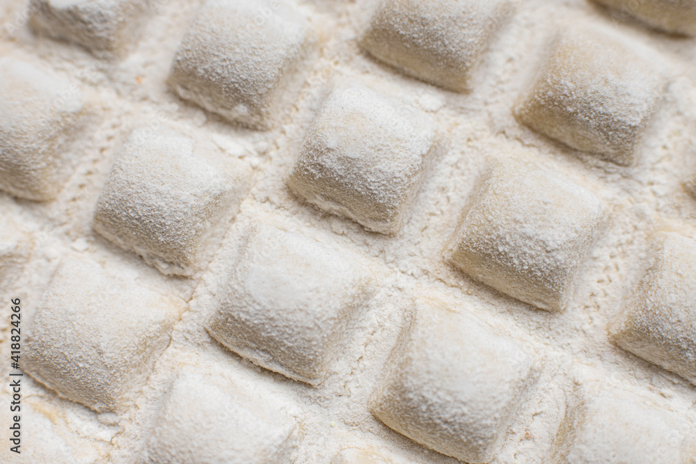 Raw italian ravioli closeup. Homemade pasta ready to be cooked Raw italian ravioli closeup. Homemade pasta ready to be cooked