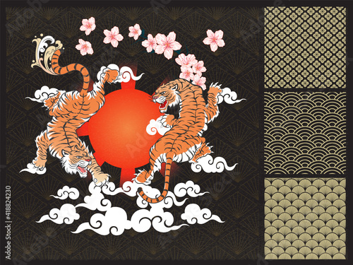 Abstract Art Japanese Double Tiger Climbing up and down with Sun, Radiant, Water Splash, Sakura Flowers with Branch and White Cloud Shape on Diamond Pattern Black Background Design for Wrapping Paper